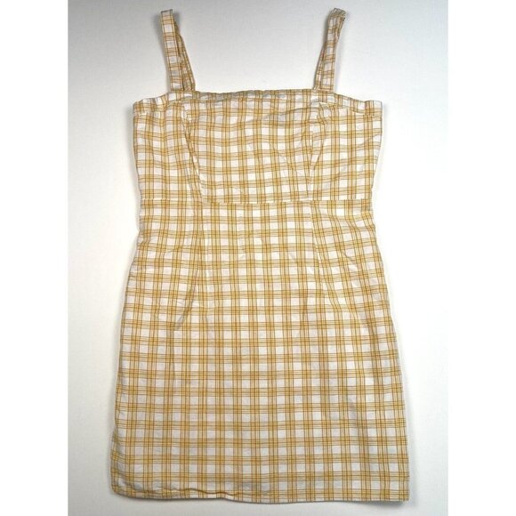FOREVER 21 Womens MEDIUM Yellow Plaid Lined Sheath Strappy Mini DRESS EUC - Picture 1 of 8